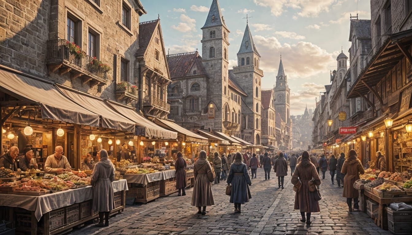 Bustling Medieval Market in Vintage Poster Style