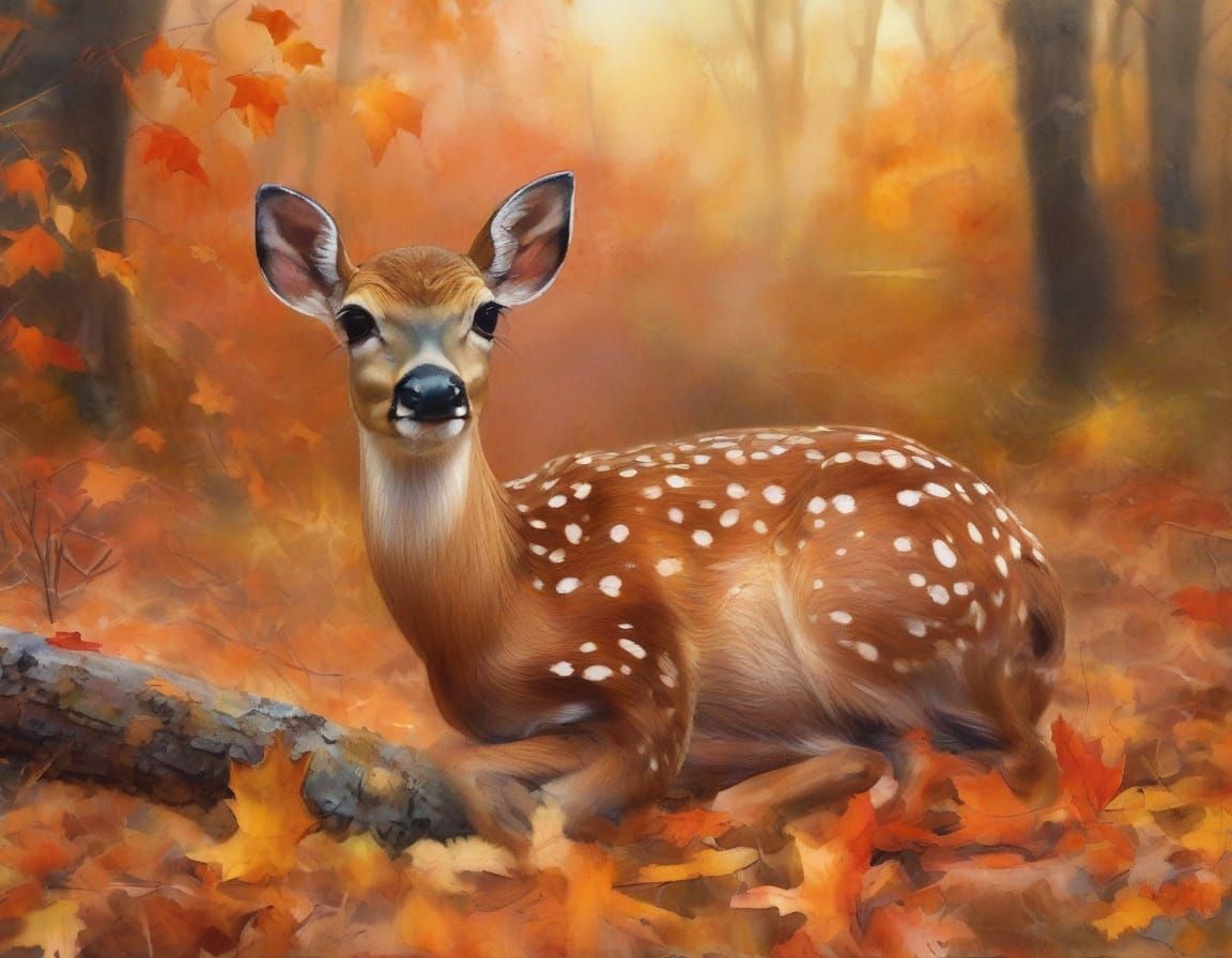 Fawn in Autumn Forest with Ink and Watercolor Textures
