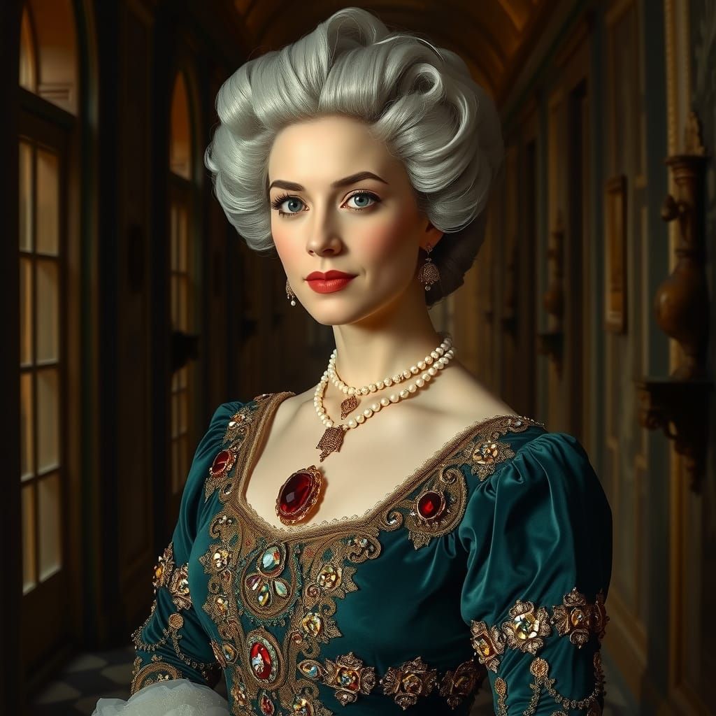 Baroque Woman in Emerald Dress with Regal Pose