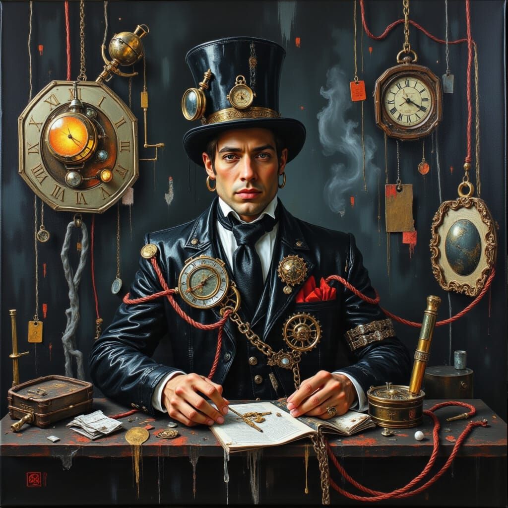 Steampunk Gentleman Amidst Clockwork Chaos
