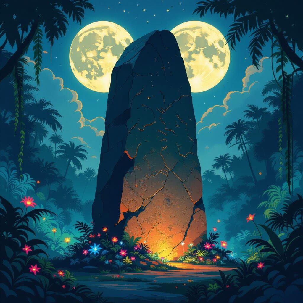 Ancient Monolith in Alien Jungle Under Two Moons