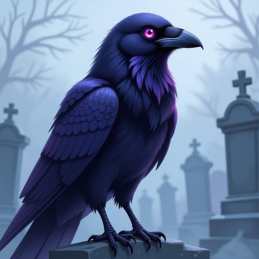 Anime Pink Raven with Violet Eyes in Cemetery