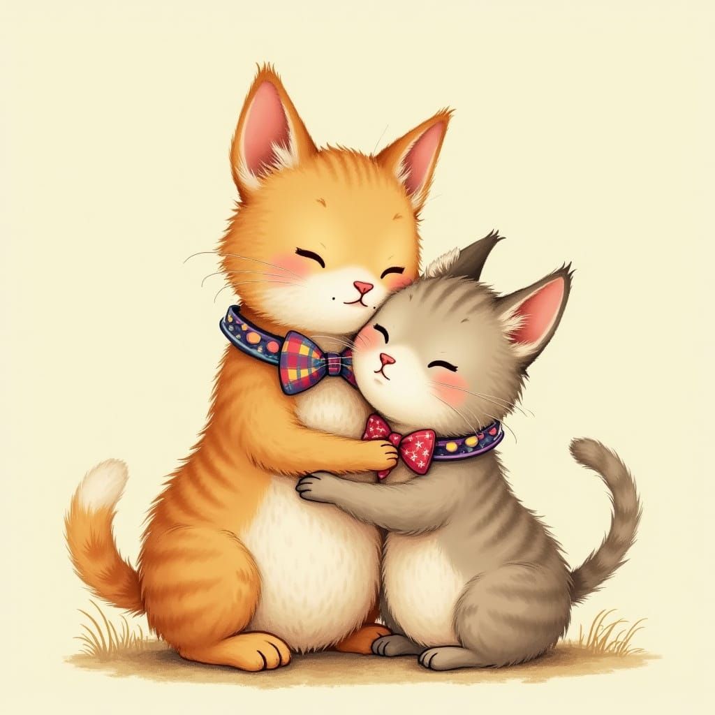 Charming Cat and Dog Embrace in Storybook Style