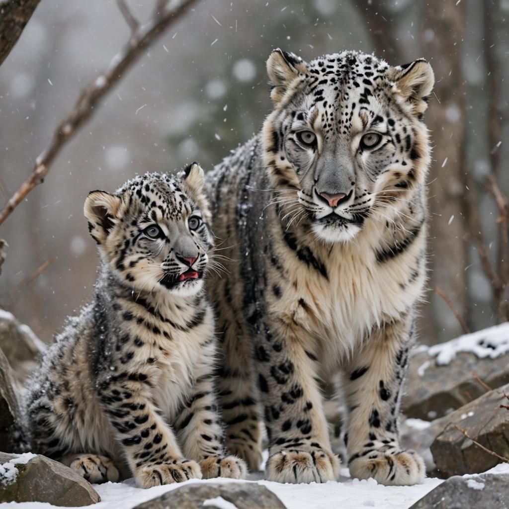 Snow Leopard and Siberian Tiger Cubs Playing