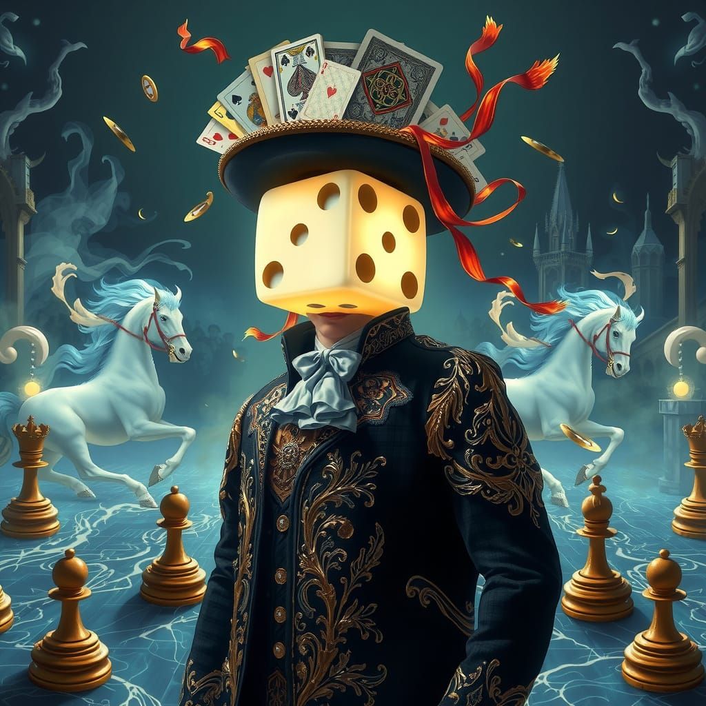 Surreal Die-Headed Man with Card Hat