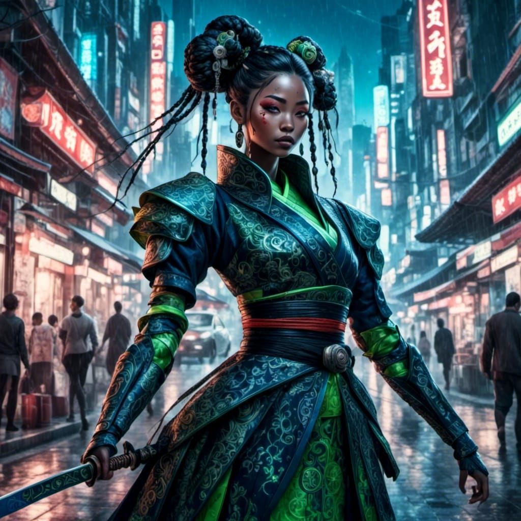Cyberpunk Robot Geisha with Katana in Neon City