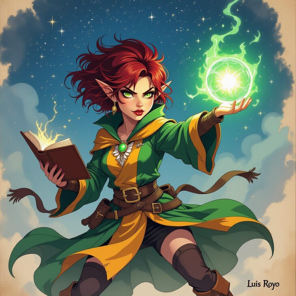 Gnome Wizard Battles Fiercely with Glowing Emerald Orb