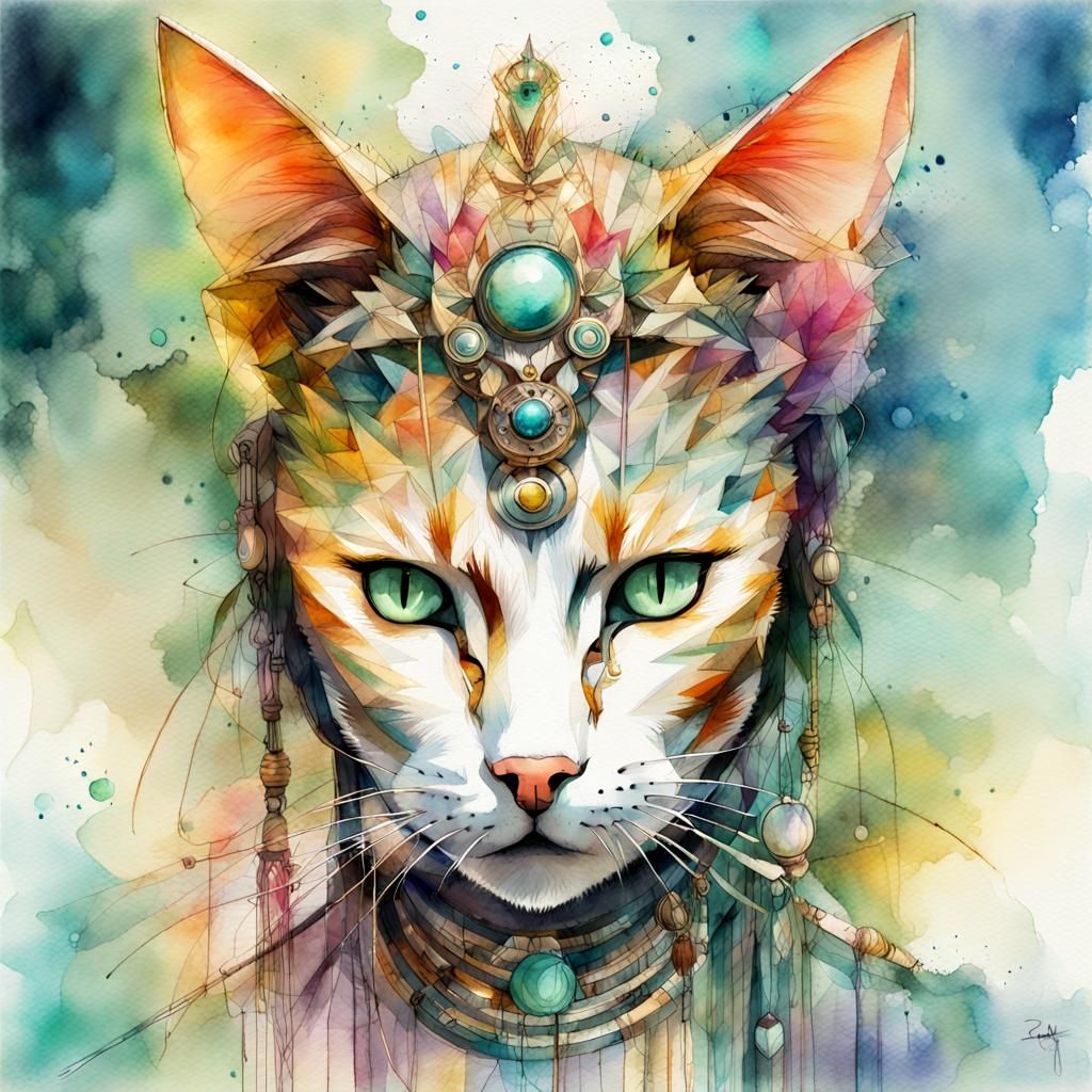 Bastet Digital Watercolor Illustration in Long Exposure