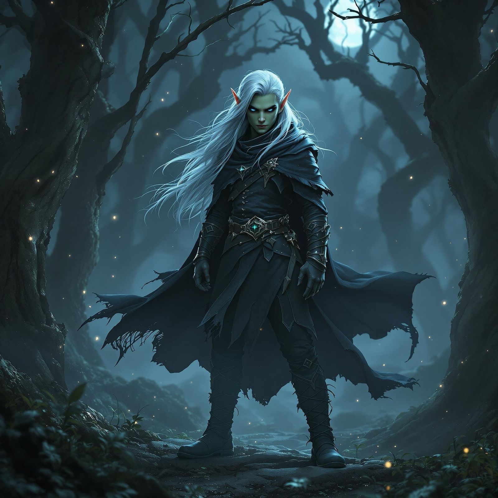 Mysterious Green Skinned Elf Boy in Dark Fantasy Attire