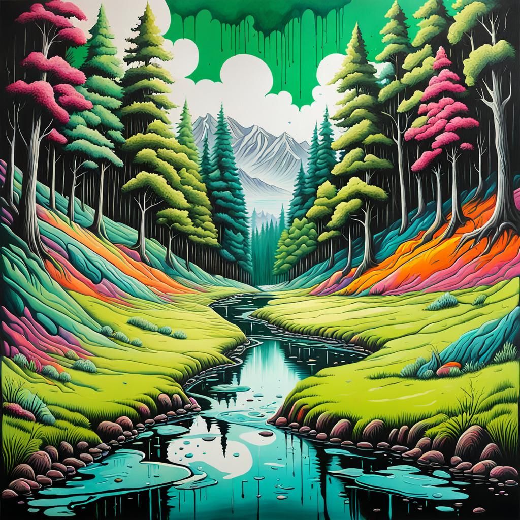 Decaying Landscape Graffiti Art with Polychromatic Palette