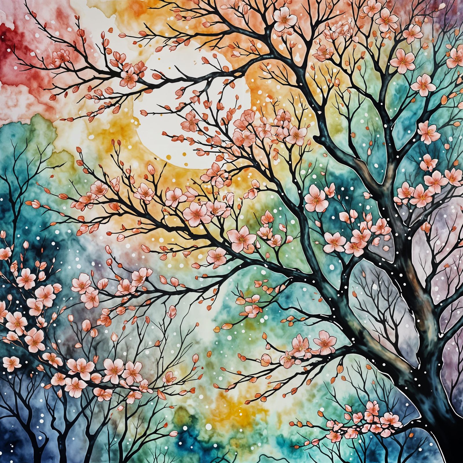 Cherry Blossoms in Bloom: Watercolor and Alcohol Ink