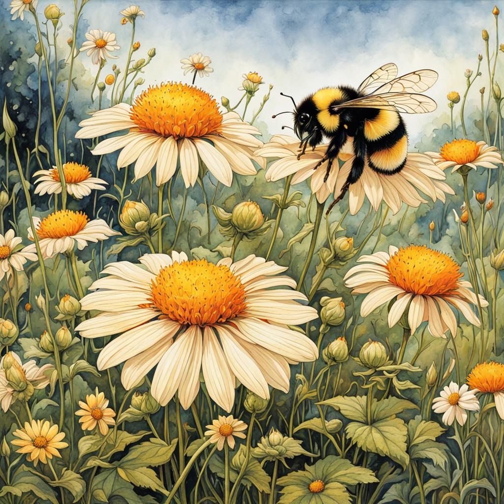 Bumblebee on Flower in Meadow Illustration