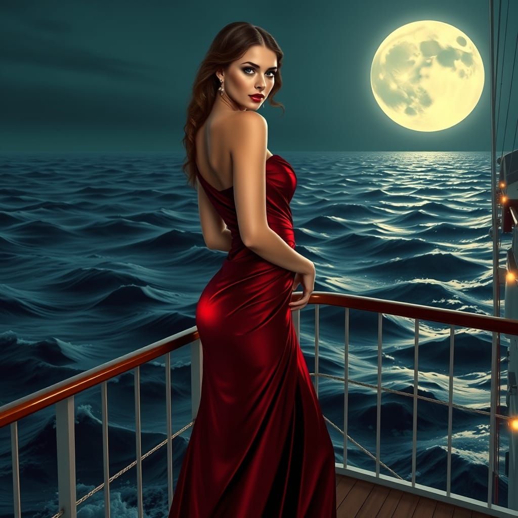 Sensual Woman on Majestic Ship Amidst Ocean Waves