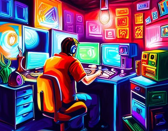 Gamer Immersed in Video Game, Graffiti Art Style