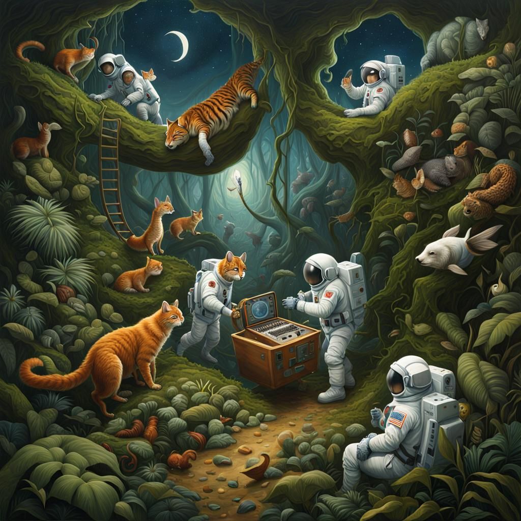 Astronauts Cause Zoo Chaos: Intricate Detailed Painting