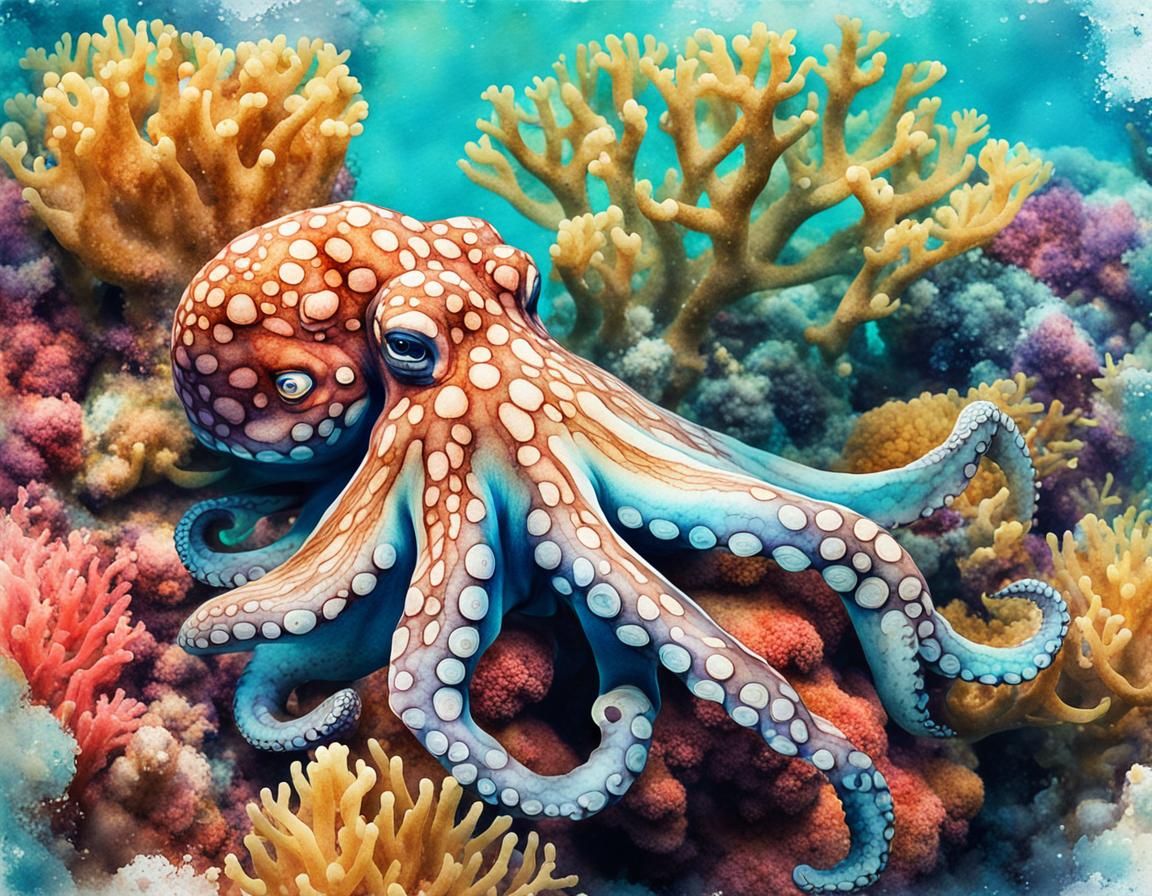 Octopus on Vibrant Coral Reef in Watercolor Effect