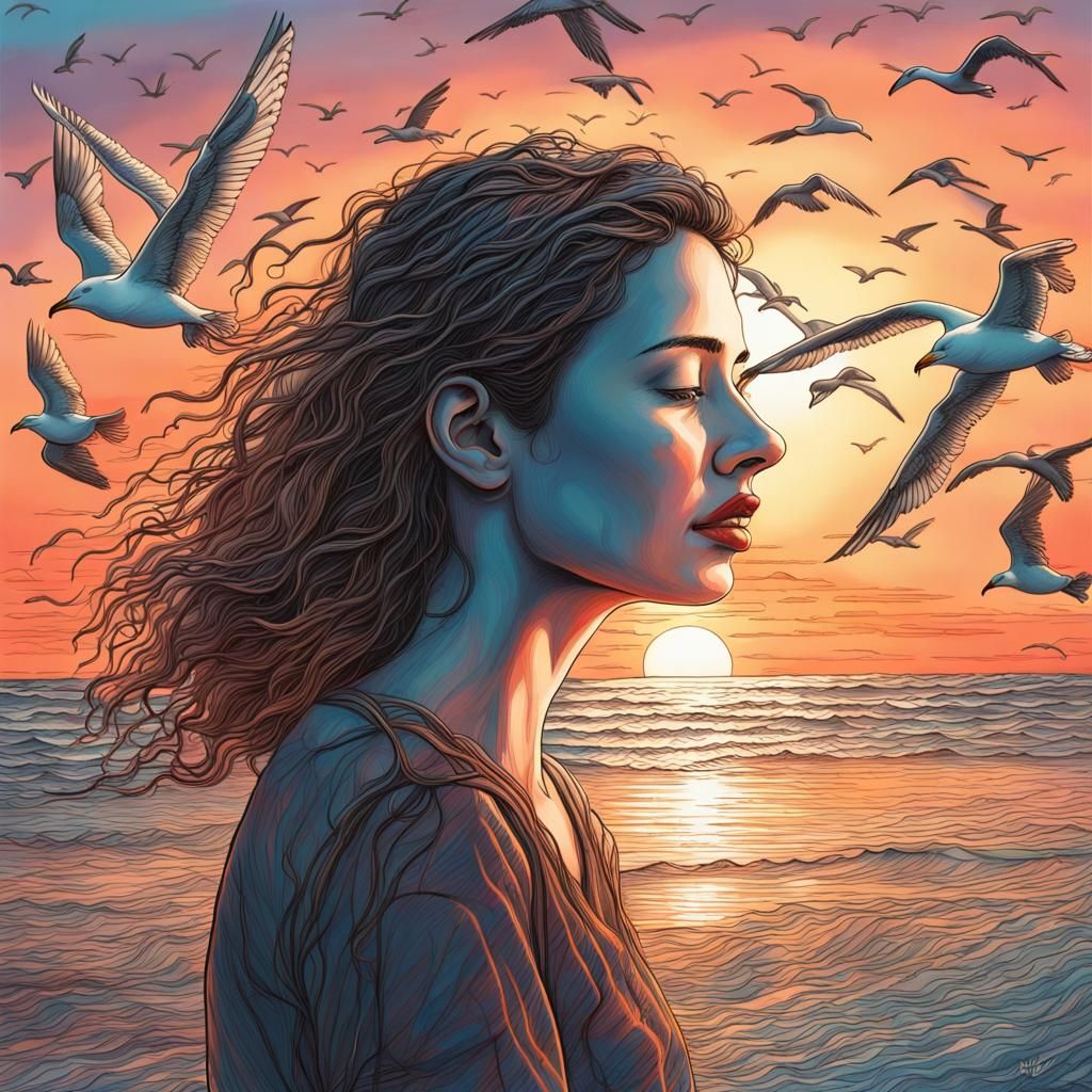 Woman Remembers Beach Sunset: Pen and Pencil Art