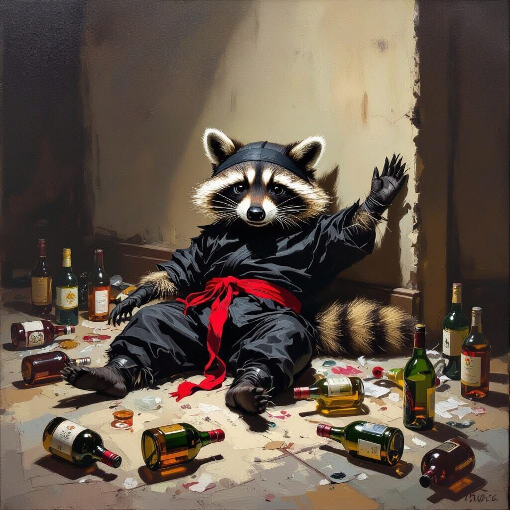 Drunk Raccoon Ninja in Dramatic Oil Painting Style