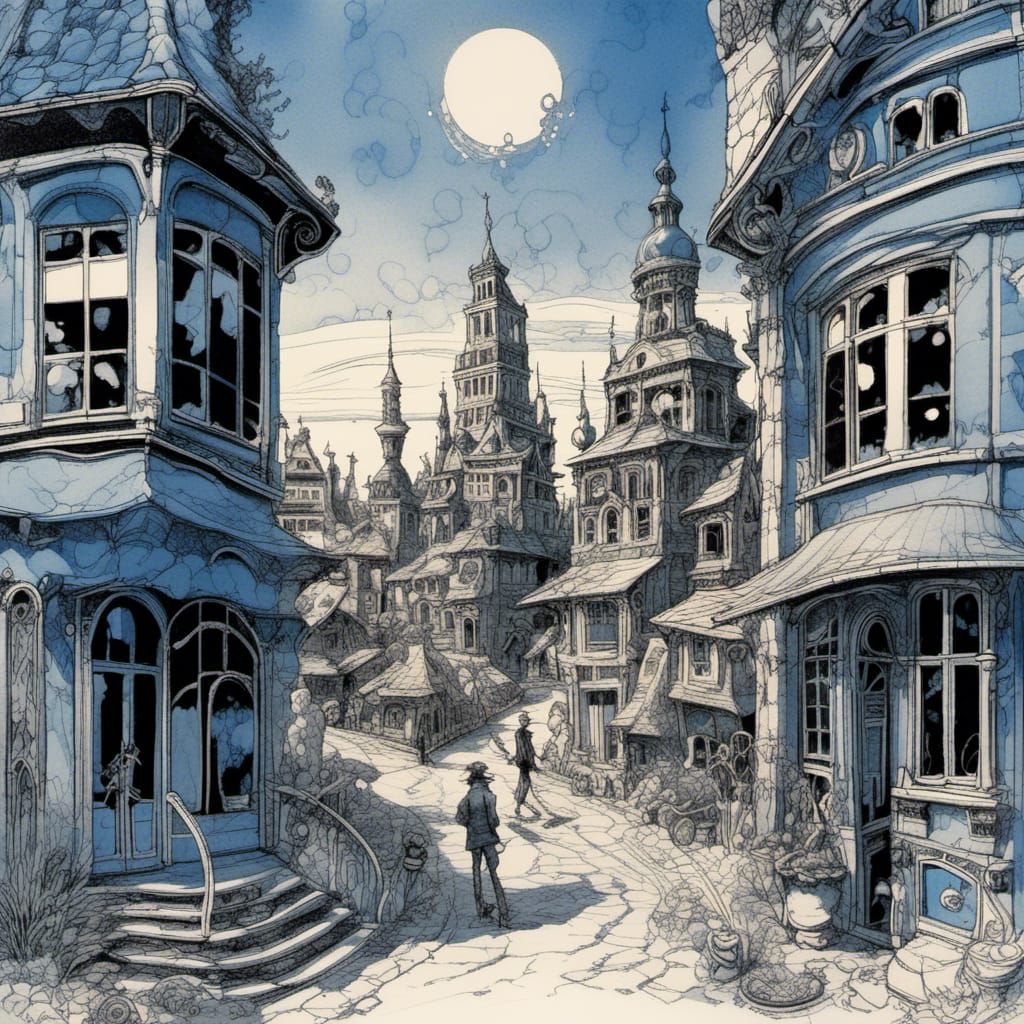Whimsical Town in Art Nouveau Blue Ink Drawing