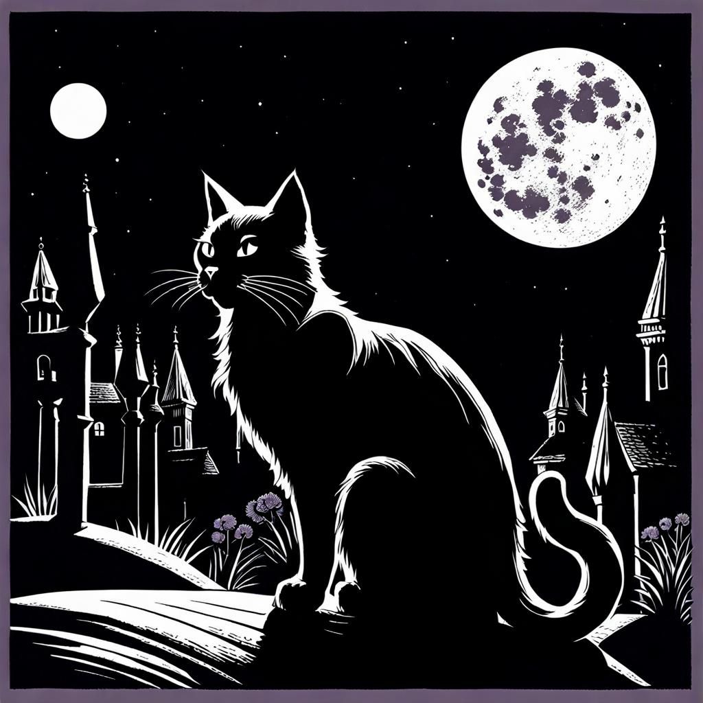 Cat in Moonlight: Heavy Ink Illustration