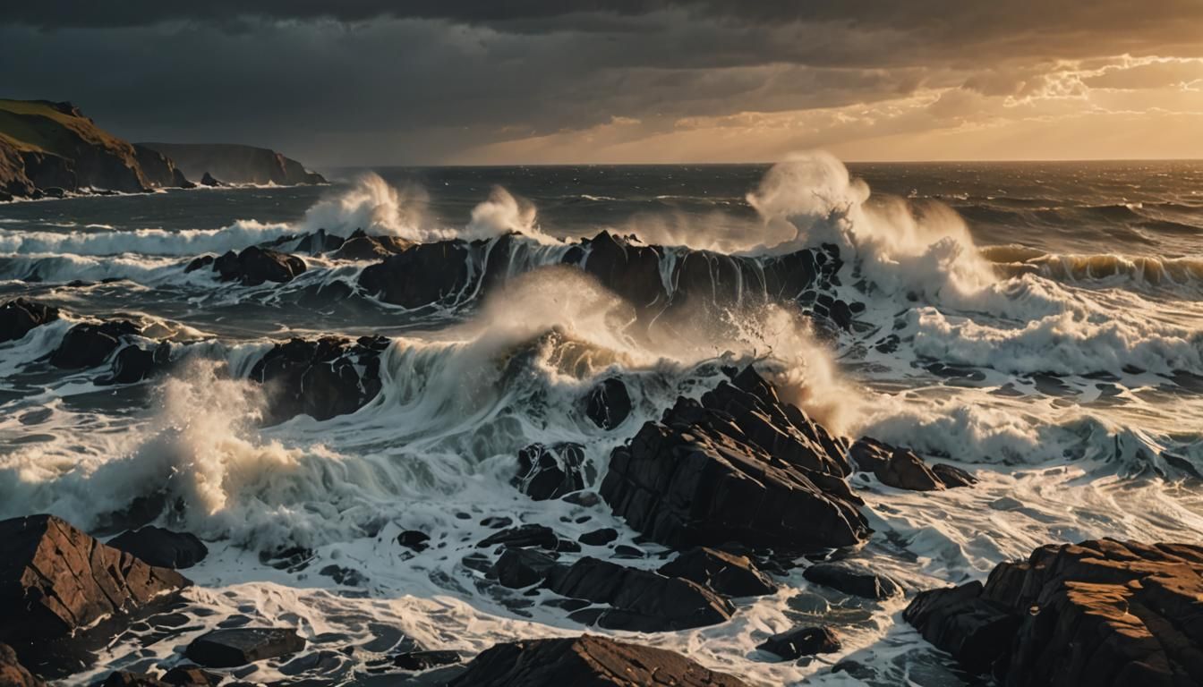 Waves Crashing on Rocks at Golden Hour