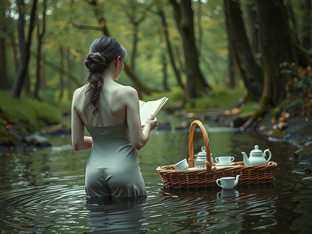 Victorian Woman Reading by Forest Stream at Dusk