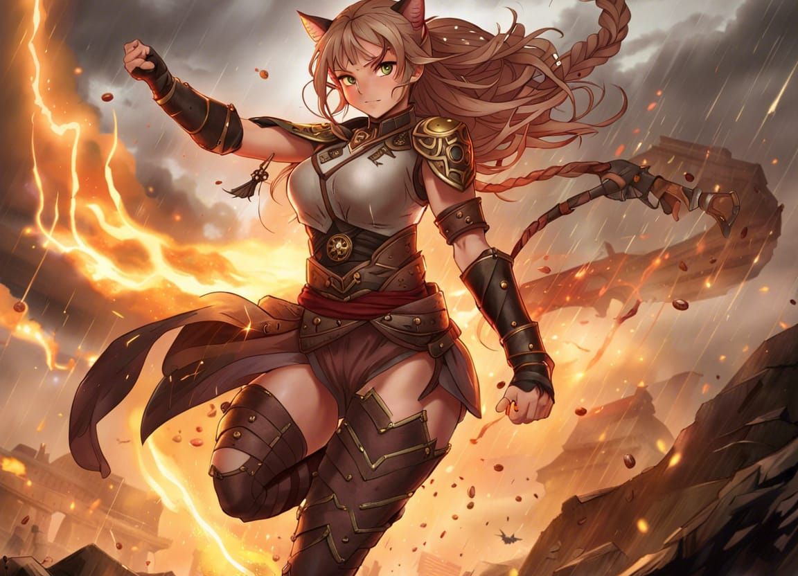 Cat Girl in Draconic Armor Anime Concept Art