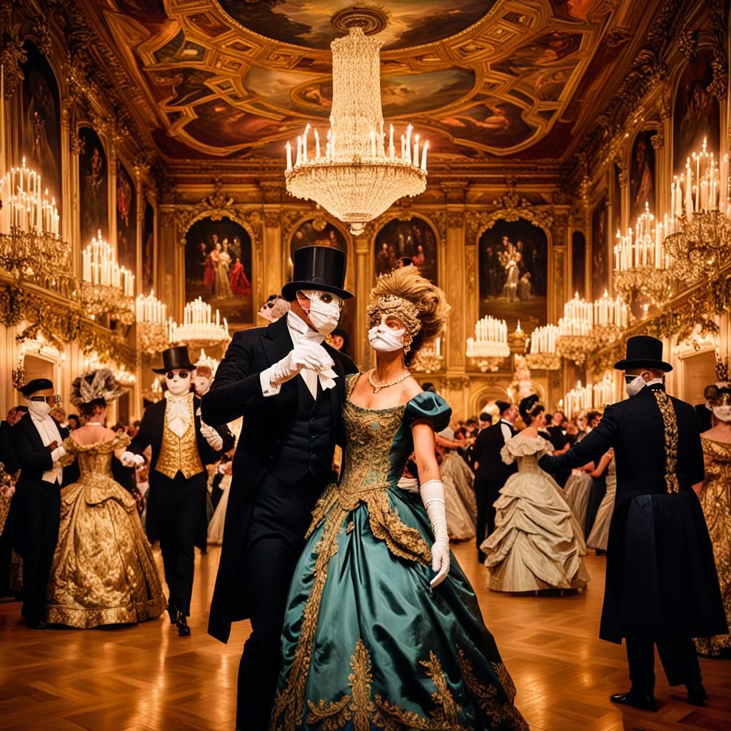 Opulent Masquerade Ball in Victorian Chateau, Oil Painting