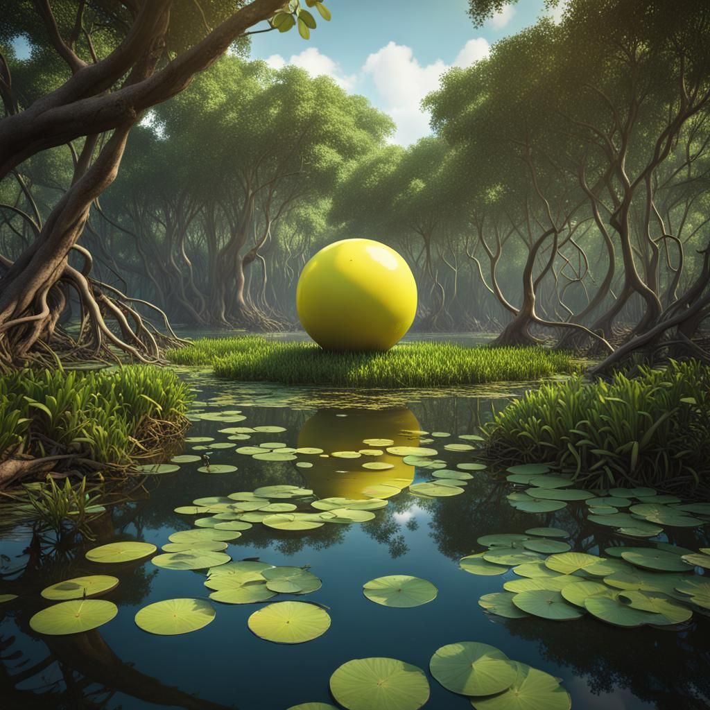 Lush Mangrove Swamp with Energy Orb, Detailed Matte Painting