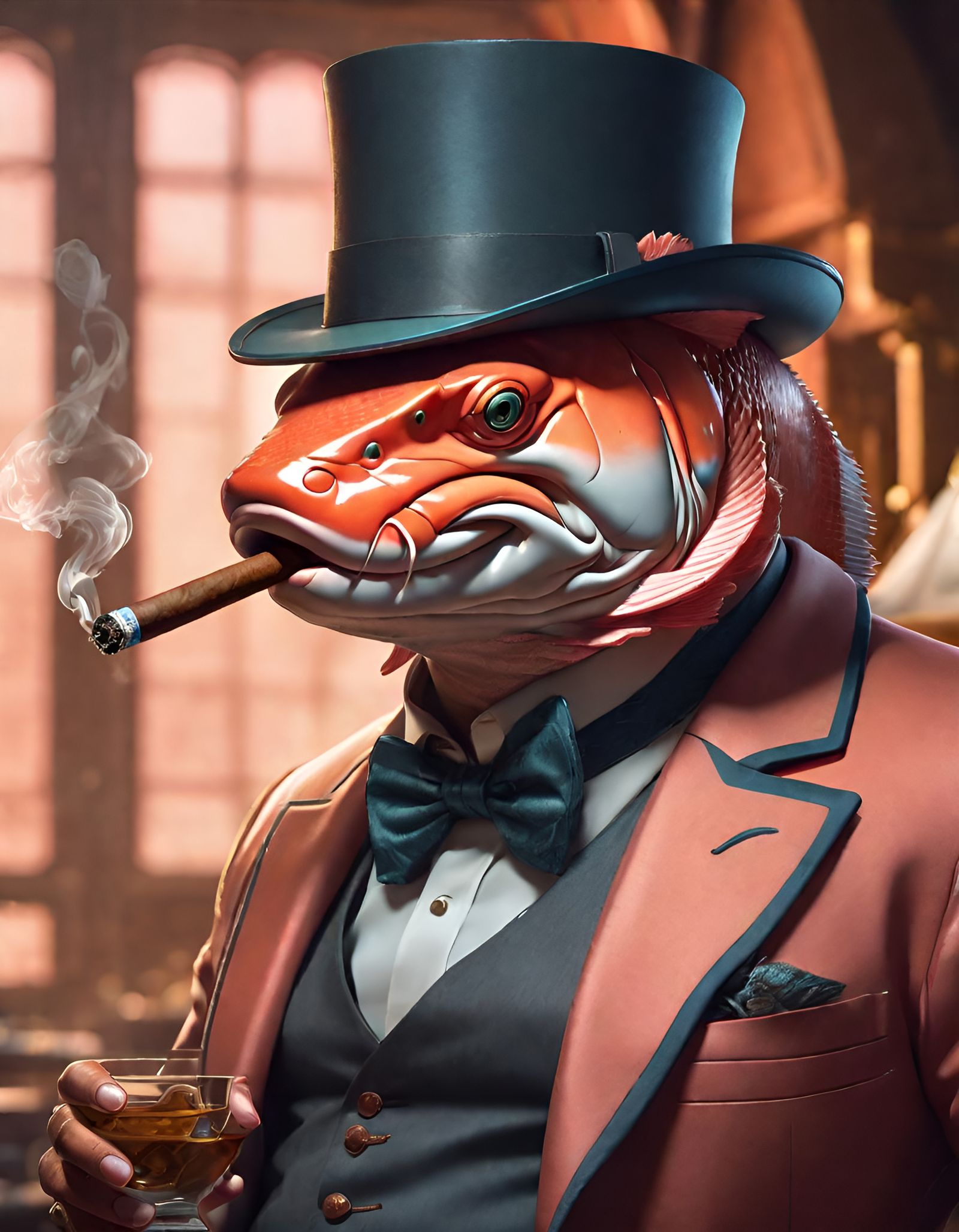 Anthro Salmon Smokes Cigar: Hyperdetailed Portrait