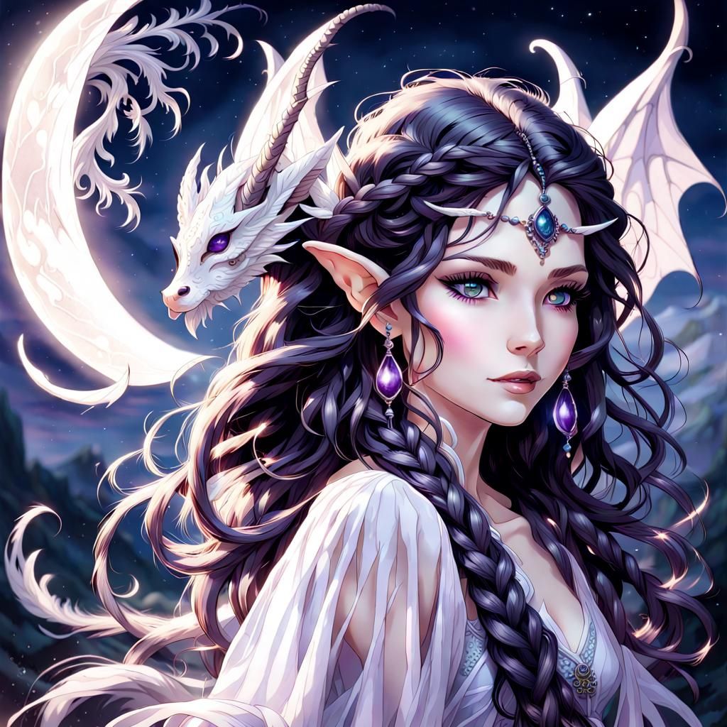Moonlit Elf Maiden with Dragon Portrait