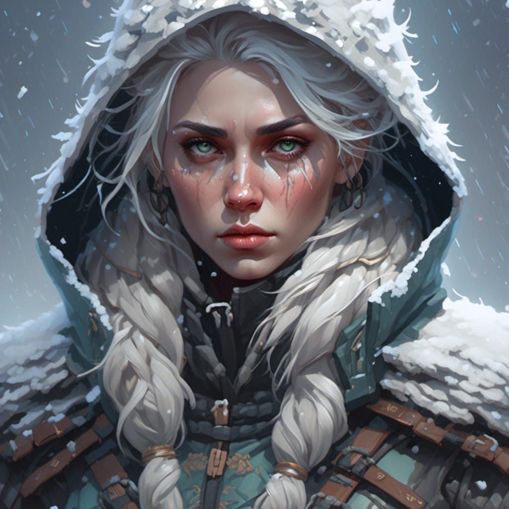 Determined Woman in Ice Armor Amid Blizzard