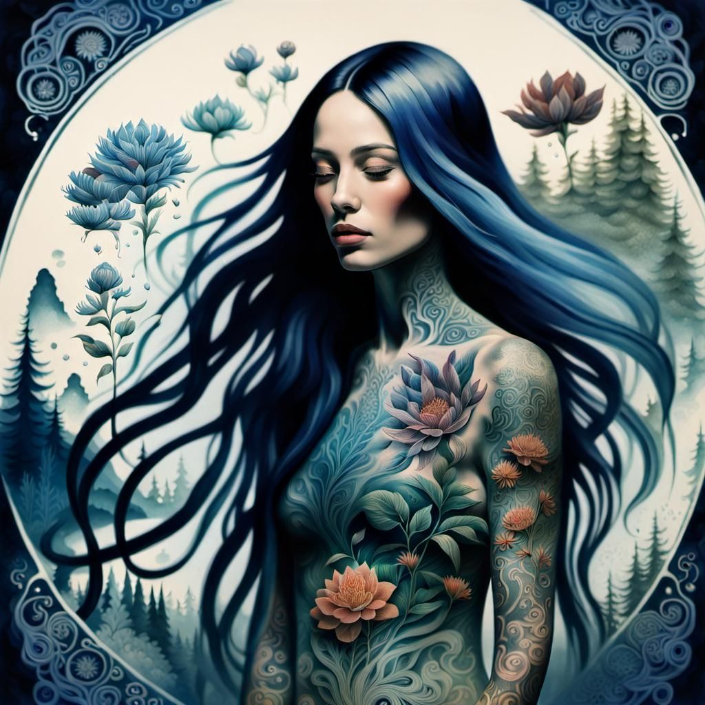 Model with Surreal Flower Tattoos in Motion