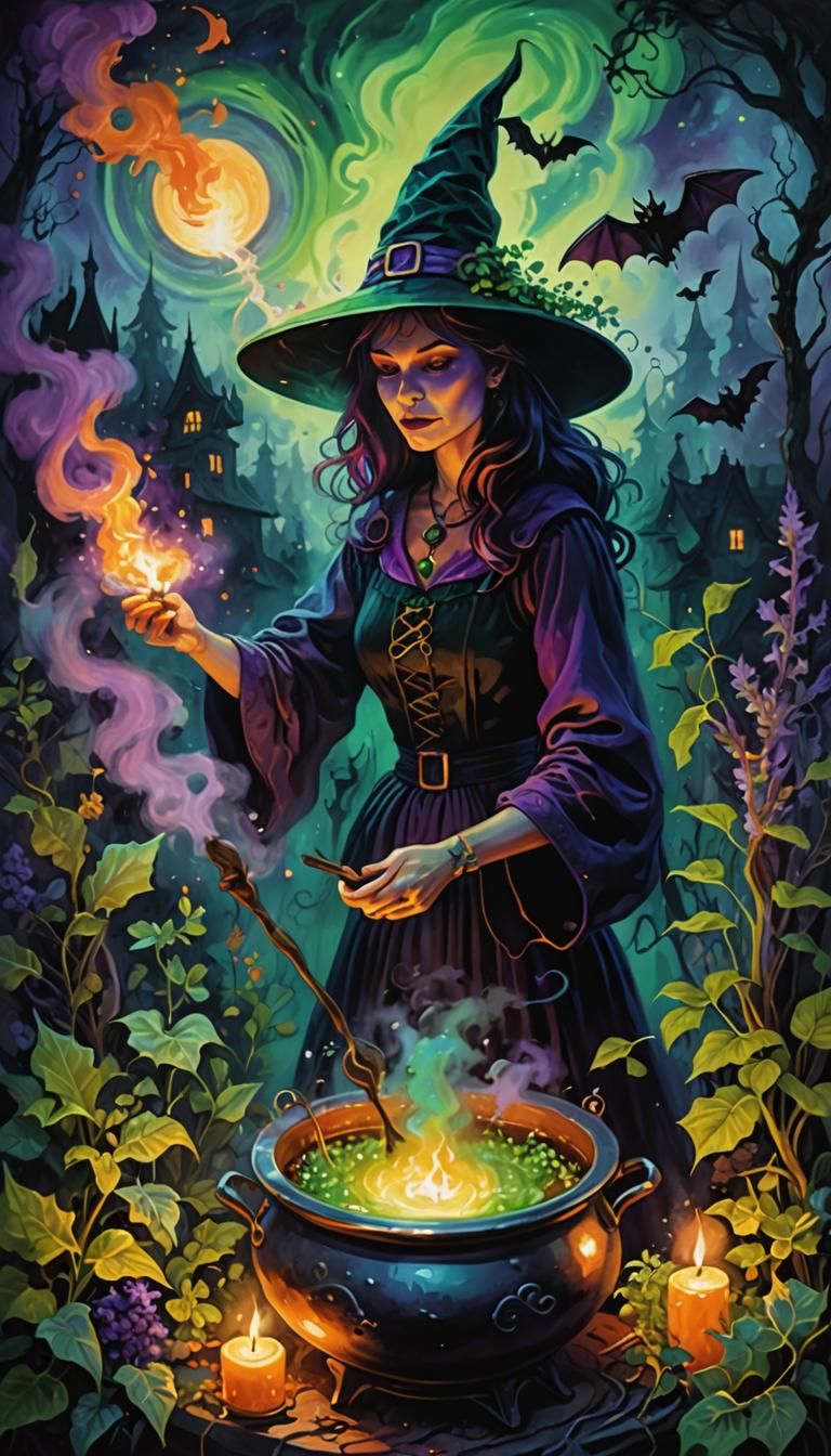 Retro Witch Brewing Potion in Surreal Scene