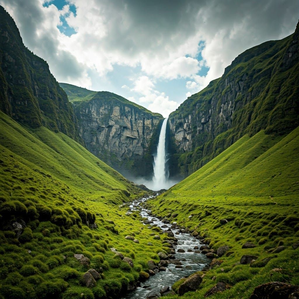 Ethereal Landscape with Majestic Waterfall and Cloud Shadow
