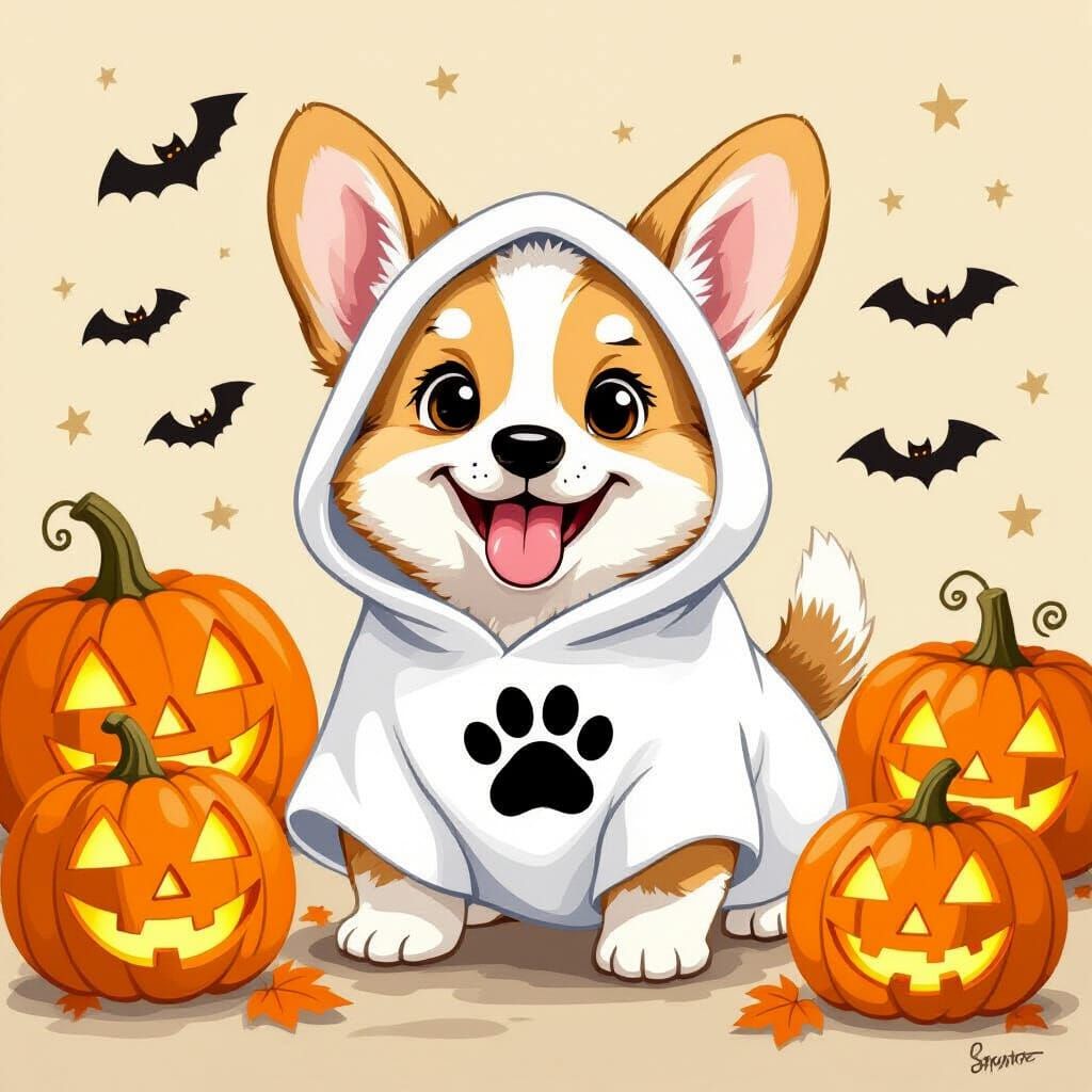 Corgi Puppy's Halloween in Beatrix Potter Style