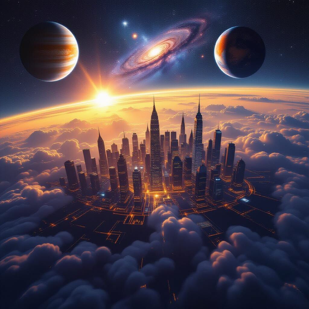 Intergalactic Cityscape Amidst Distant Planets