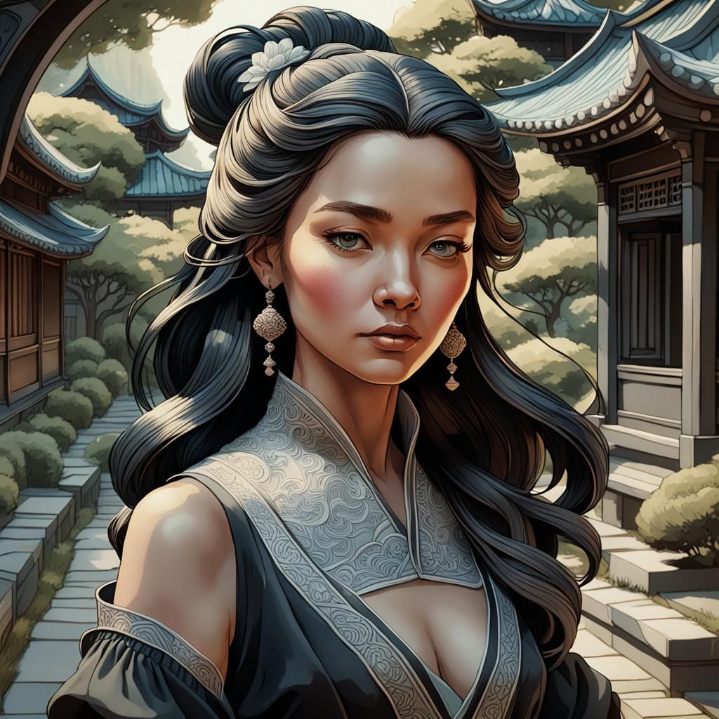 Zen Garden Woman Portrait in Black Ink