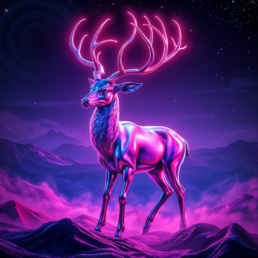Iridescent Metallic Deer in Ethereal Dreamscape