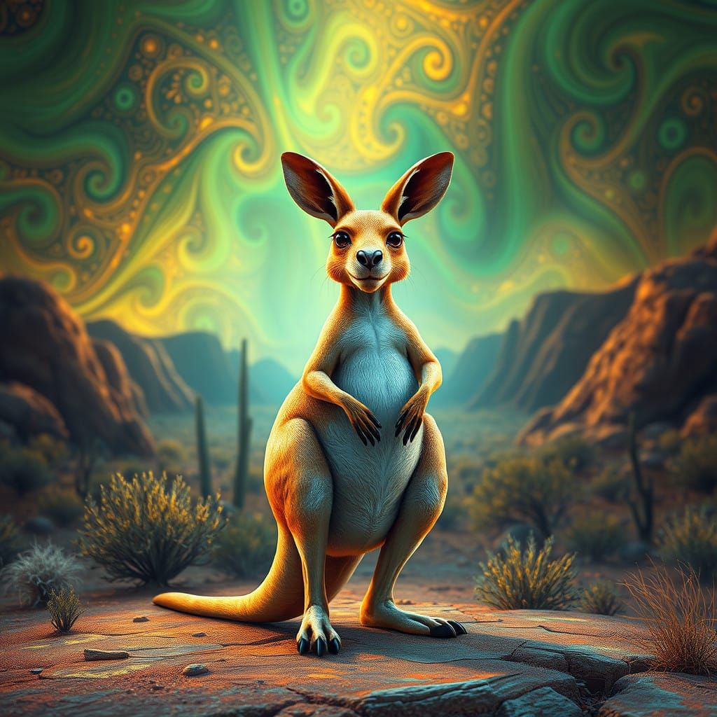 Heroic Kangaroo in Dreamlike Outback Landscape