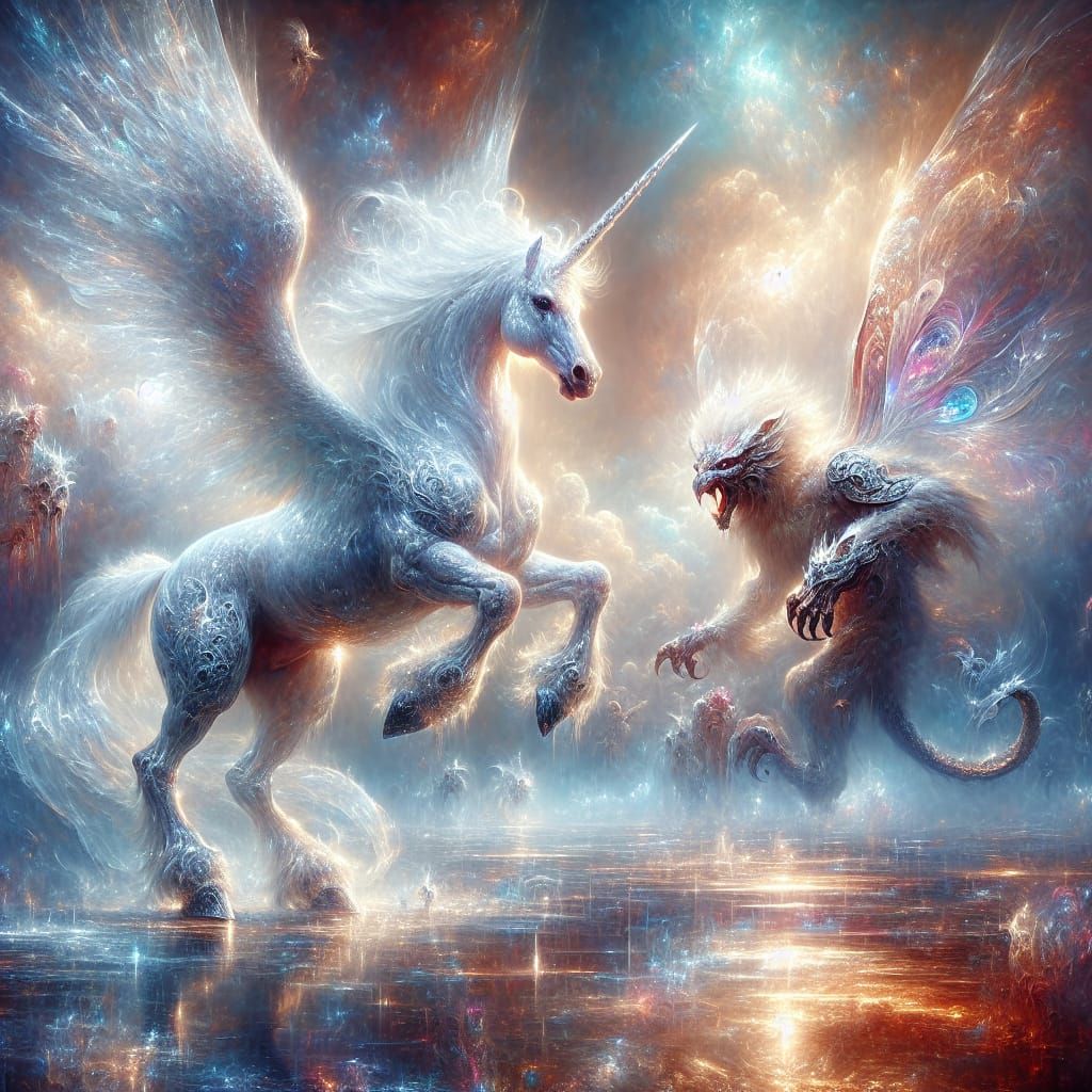 Unicorn and Manticore on Fog-Choked Battlefield