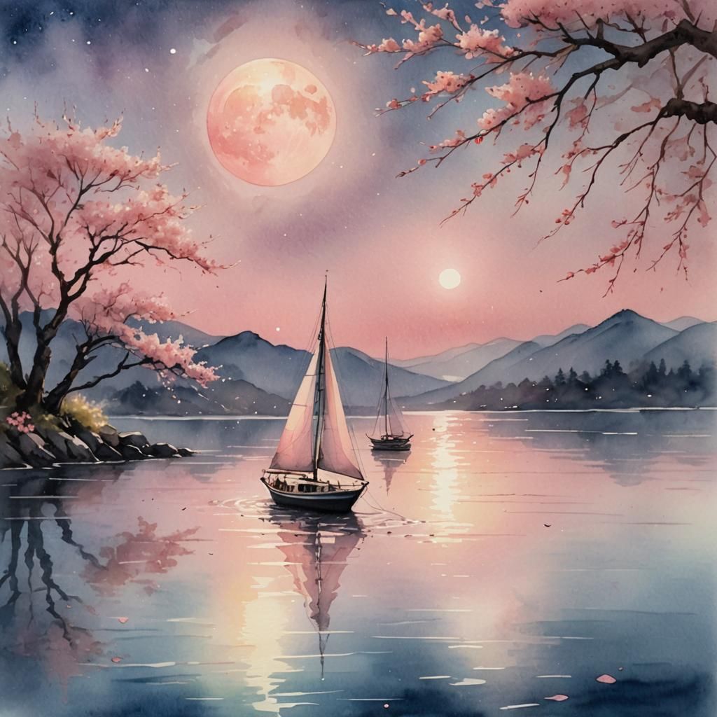 Sailboat Drifting Under Pink Moon: Watercolor Painting