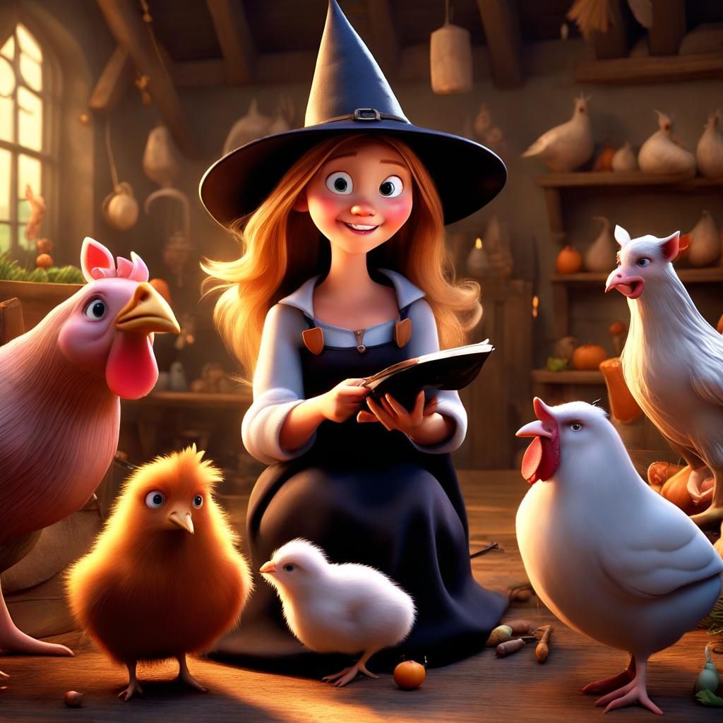 Charming Witch Casting Spell with Animals, 3D Digital Art