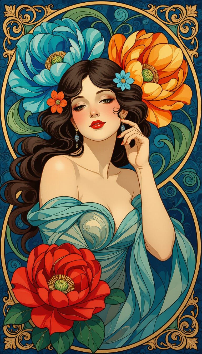 Elegant Woman Amidst Blooming Flower with Rich Textures