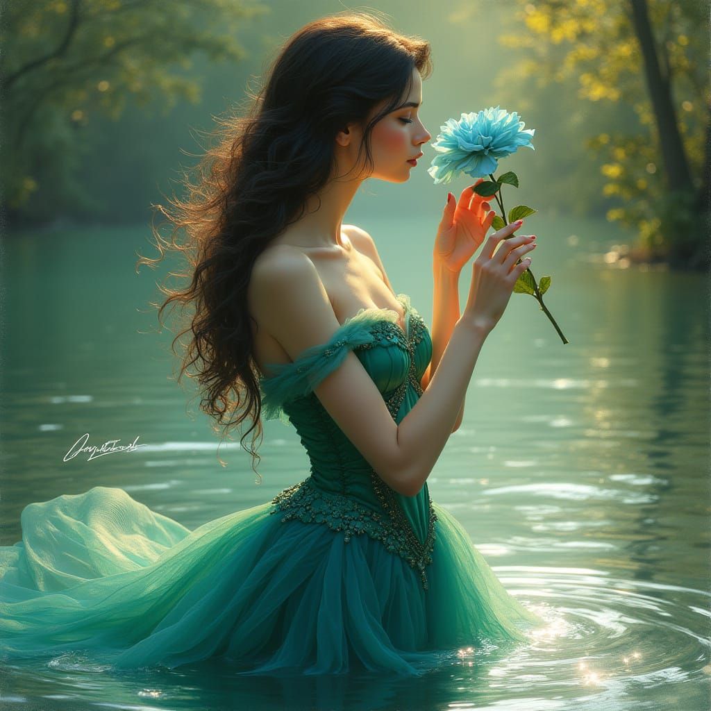 Ethereal Lady in Emerald Corseted Gown, Airbrushed with Drea...