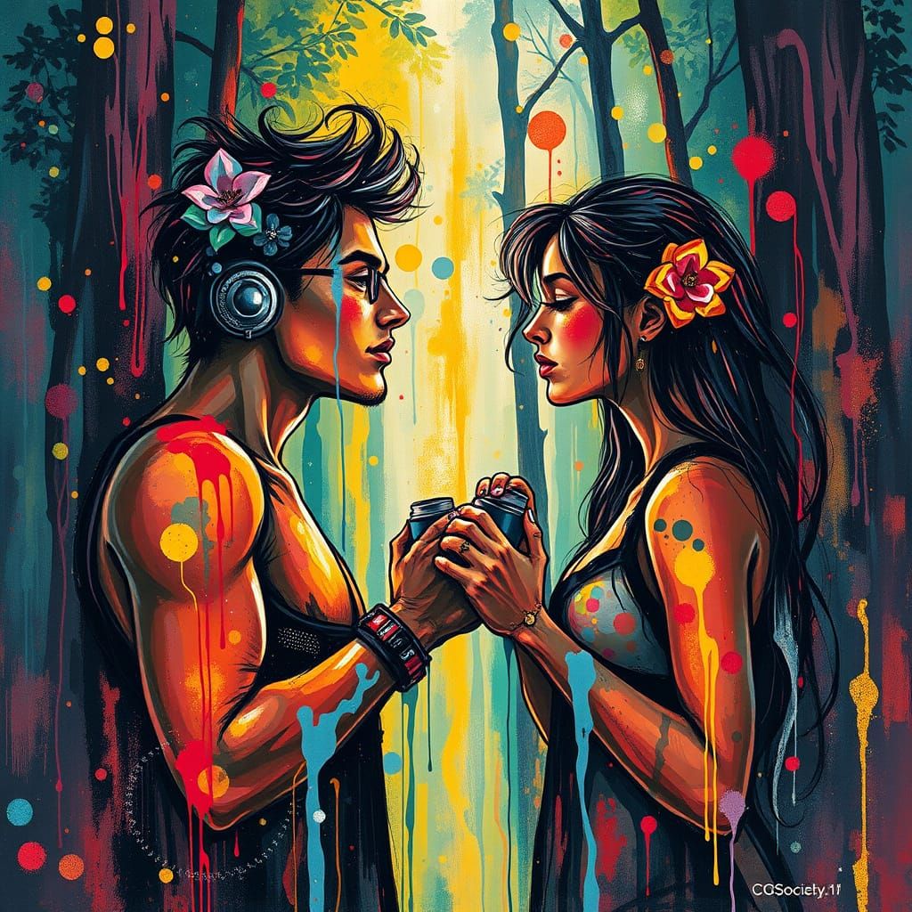Vibrant Forest Scene With Lovers in Graffiti Art Style