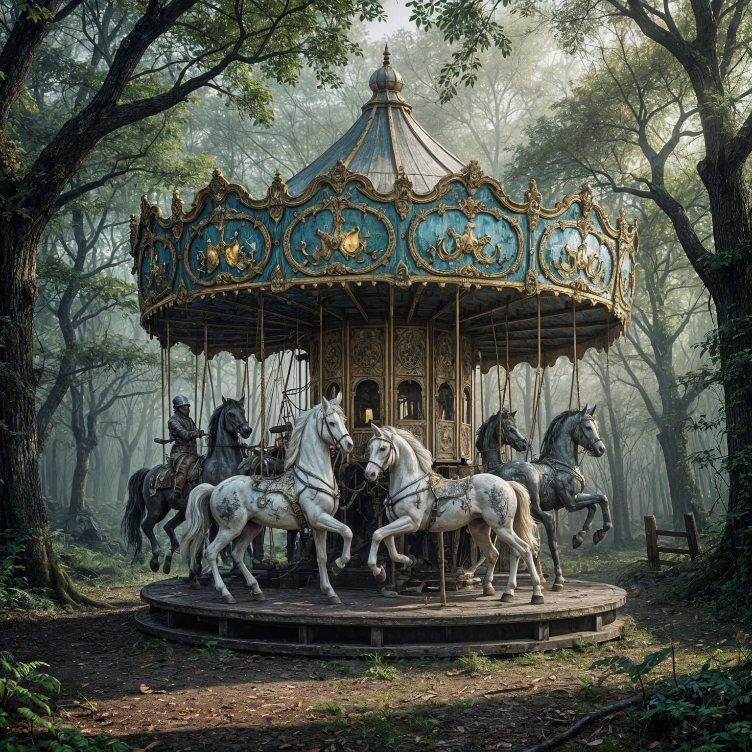 Abandoned Carousel in Misty Forest Clearing