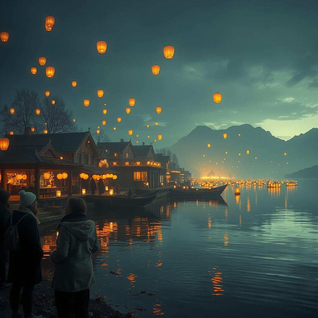 Nighttime Riverside Village with Floating Lanterns