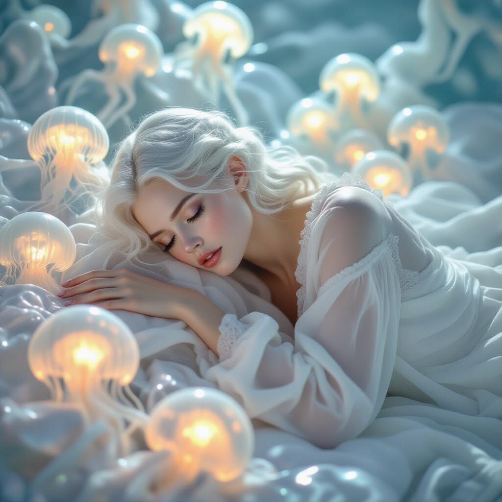 Albino Woman on Crystals with Jellyfish Tendrils
