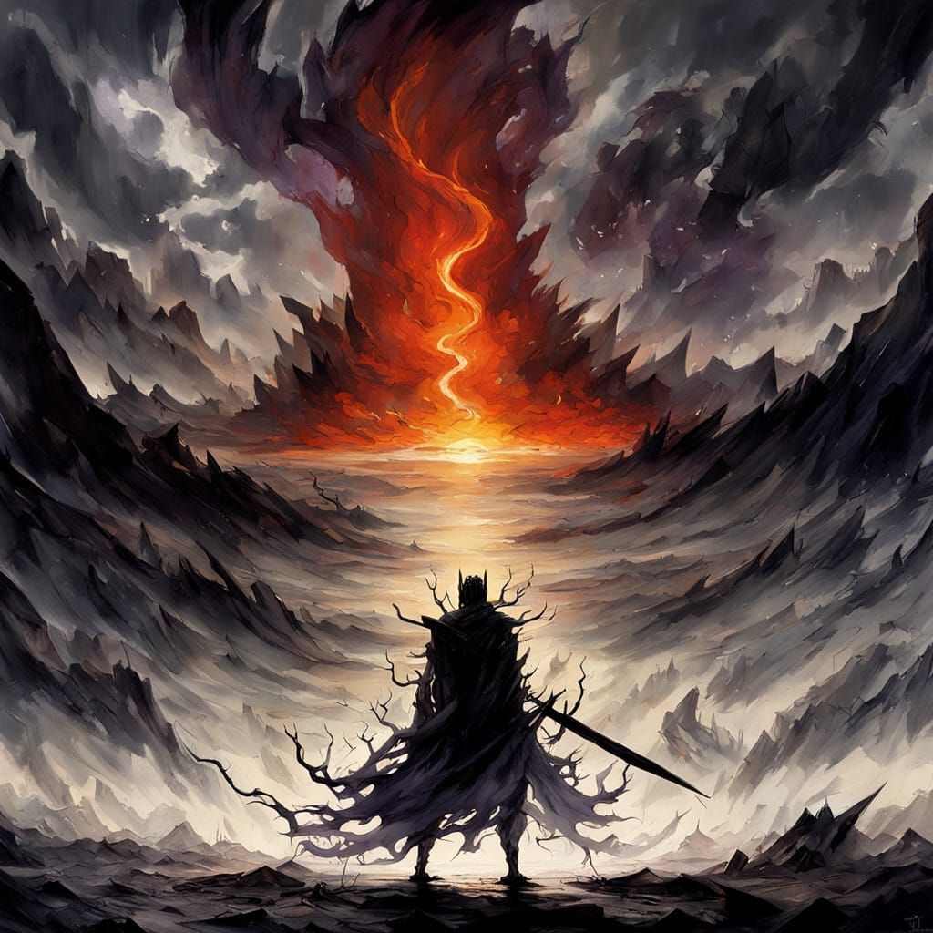 A Lone Figure Confronts the Darkness in a Haunting Twilight....